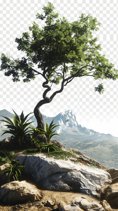 a realistic photo of an exotic tree on top of rocks with mountain background, isolated on transparent png background