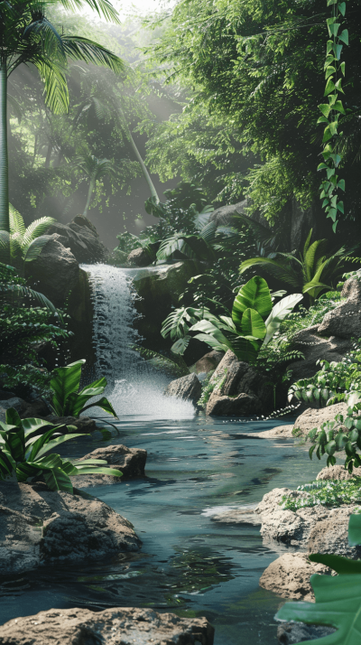 A tranquil stream meanders through the dense jungle of a tropical rainforest, surrounded by lush greenery and exotic plants, creating an idyllic scene for wildlife watching or outdoor activities. In front is a small waterfall cascading down rocks into crystal clear water. The sun shines brightly on it, casting shadows over the surrounding landscape. This scene symbolizes nature's beauty and tranquility, inviting viewers to immerse themselves in its serene atmosphere.