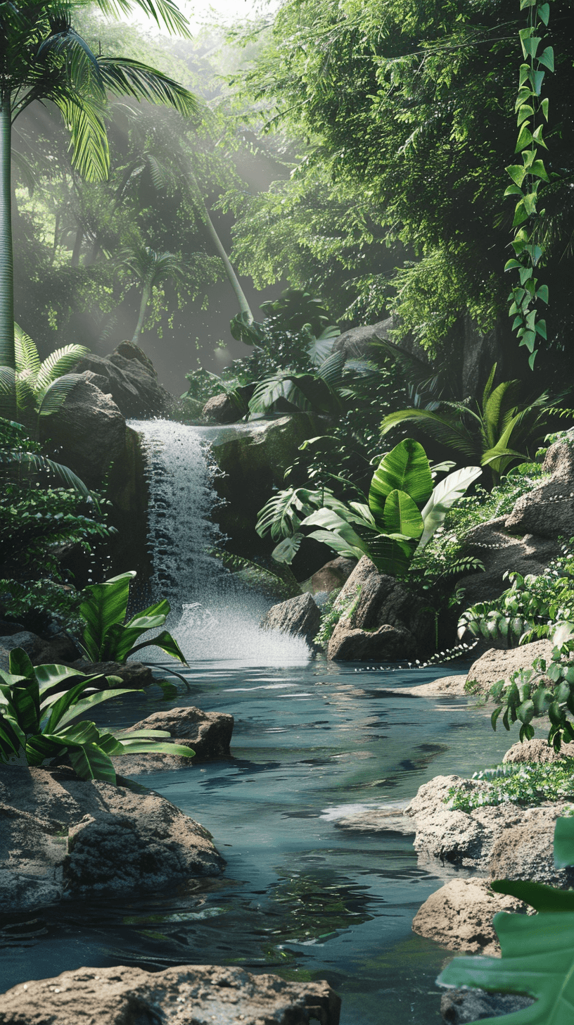 A tranquil stream meanders through the dense jungle of a tropical rainforest, surrounded by lush greenery and exotic plants, creating an idyllic scene for wildlife watching or outdoor activities. In front is a small waterfall cascading down rocks into crystal clear water. The sun shines brightly on it, casting shadows over the surrounding landscape. This scene symbolizes nature’s beauty and tranquility, inviting viewers to immerse themselves in its serene atmosphere.