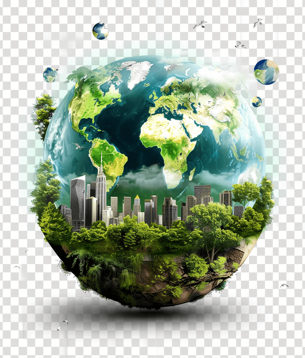 Green Earth, City on the Moon and Forest in World Map with transparent background png without shadow, ultra realistic photography in the style of different artists.