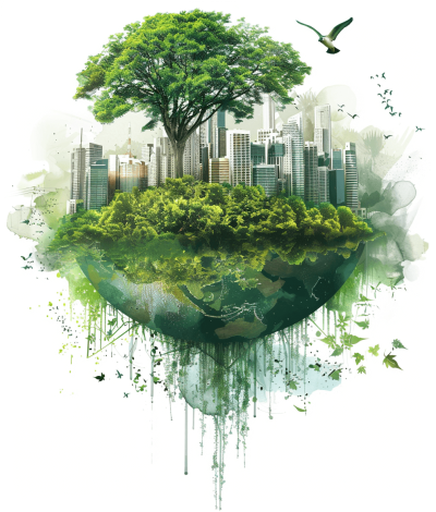 A green earth with trees and buildings on it, in a vector illustration style with a watercolor painting effect and white background. The illustration features a green tree and cityscape on the top of planet Earth, with water droplets dripping down from above. This high resolution design symbolizes growth in urban areas, environmental protection or sustainable development, in the style of secret world photography.