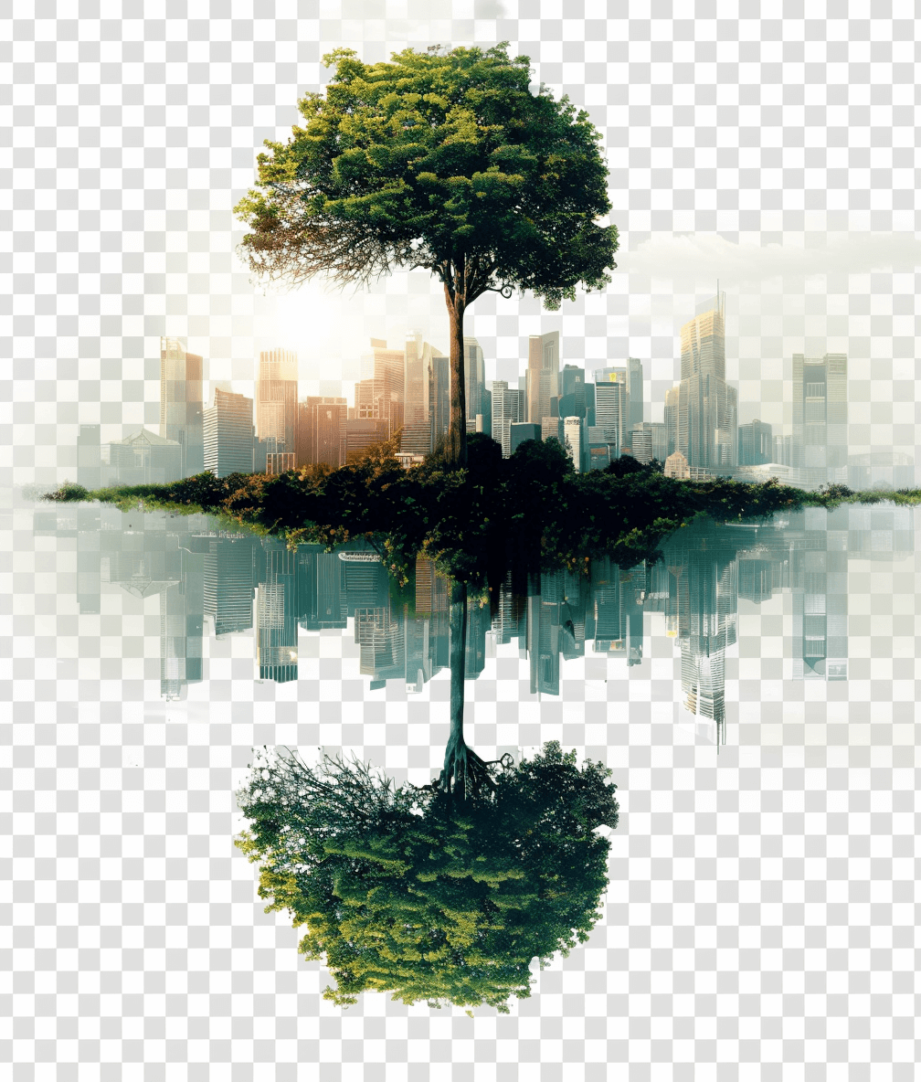 A green tree stands on an island in the center of which is reflected city buildings transparent background PNG file, water reflection