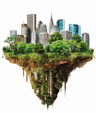 A cityscape suspended in midair, with skyscrapers and greenery floating on an island of earth against white background.