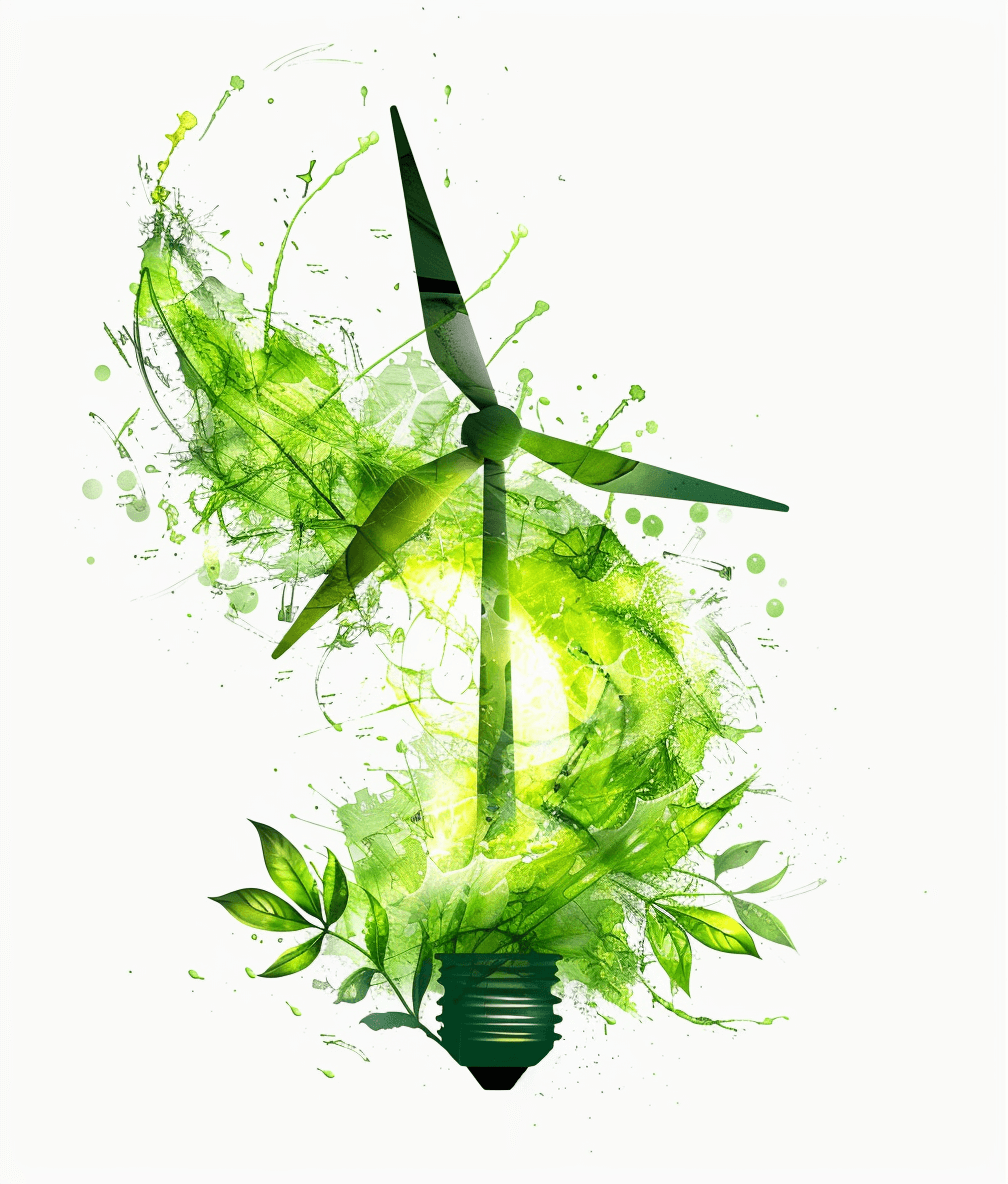 A wind turbine made of light bulbs with green leaves, a vector illustration on a white background, with watercolor splashes and brush strokes in the style of an energy theme, in a flat design with green tones, as an energy poster for an eco-friendly advertising campaign.