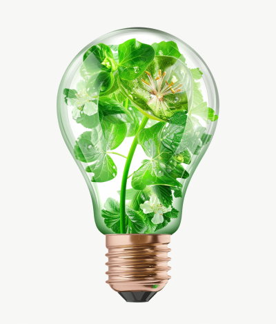 Green lightbulb with green leaves inside, isolated on a white background in a photo realistic image. Concept of eco friendly energy and sustainable development, Isolated on a pastel background.