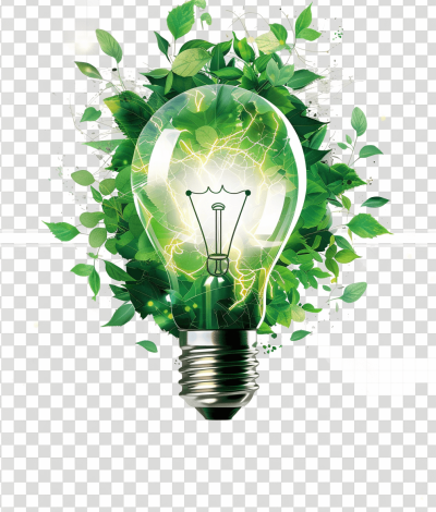 green light bulb with leafs and energy sparks, transparent background, png file for cut out