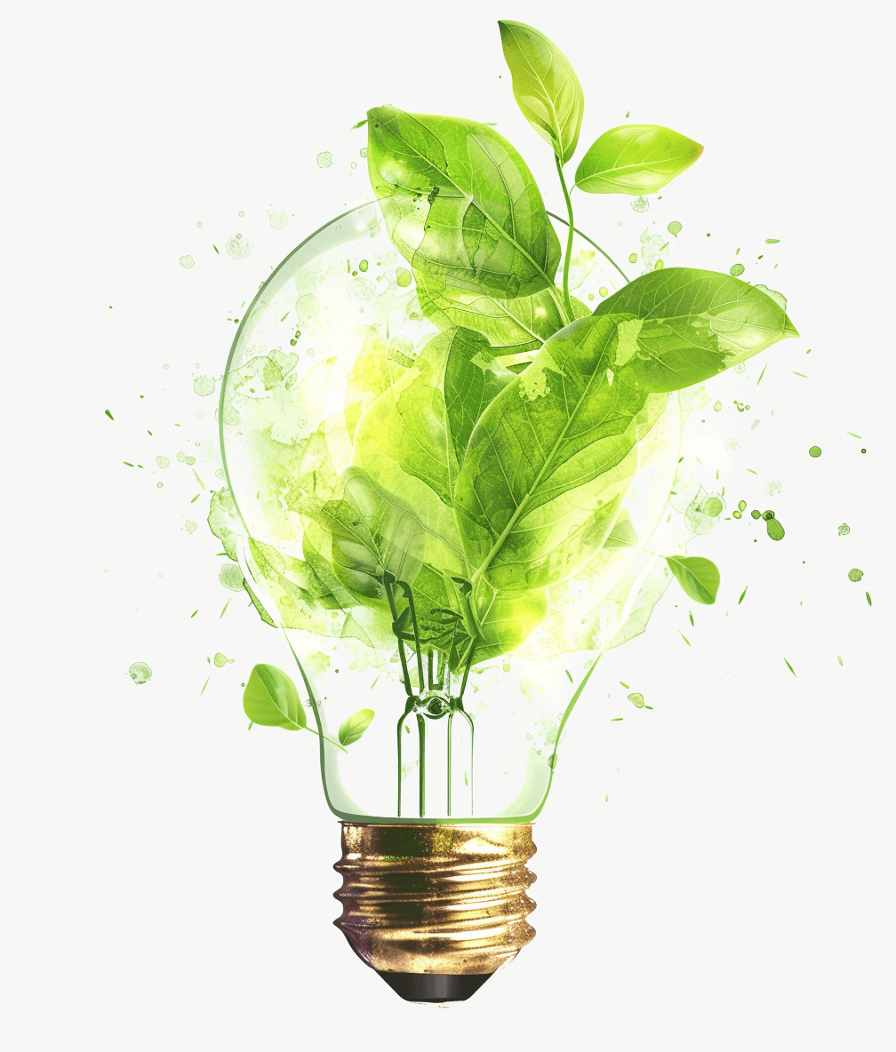 Green energy concept with a light bulb and leaves isolated on a white background, PNG illustration vector art, detailed, high resolution, high quality image, showing a professional photograph of a hyperdetailed photo, taken in the style of a Sony Alpha A7R II camera with an f-stop of beautiful lush green leaves inside the bulb, isolated on a transparent or clear white background, in PNG file format.