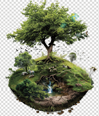 Sacred tree, with grassy ground and animals in the background, on top of which there is an earth planet, transparent background, in PNG format.