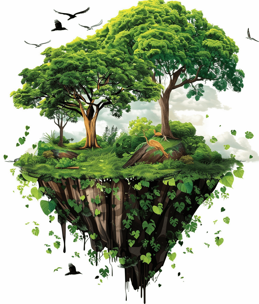 An island floating in the air with green trees and birds, in the style of a vector illustration, white background, detailed foliage, organic nature-inspired forms, junglepunk, isolated figures, junglecore, white sky