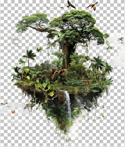 a flying island with rainforest, animals and waterfalls, transparent background, png format for easy sticker crand the top of an old tree on it, hyper realistic