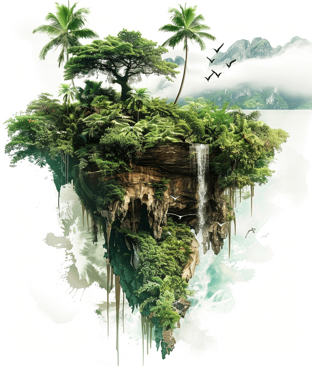 A fantasy tropical island floating in the air, with a white background, in the style of a fantasy illustration, with detailed and intricate design elements, watercolor textures, green tones, lush vegetation, palm trees, waterfalls, a white sky, light clouds, creating a fantasy atmosphere, in the style of fantasy art, with high resolution.