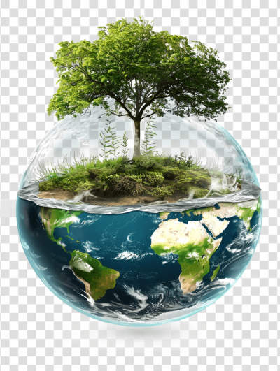 Sphère élémentaire nature, tree inside the earth with water and grass around it, transparent background png file