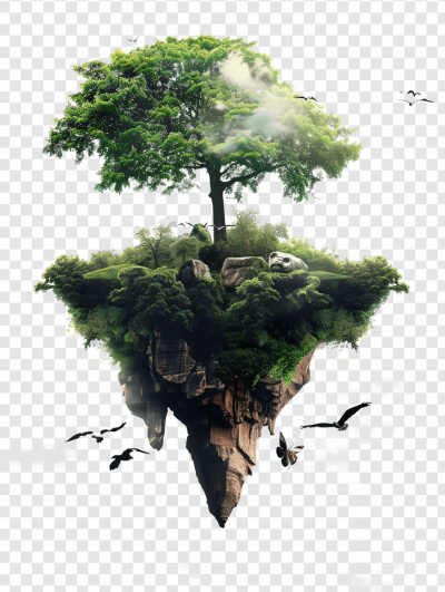 A flying island with vegetation, tree and birds, transparent background, png