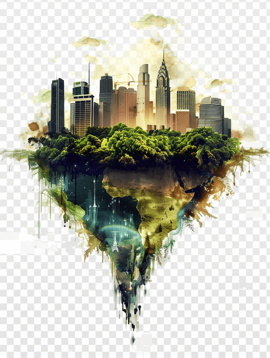 a floating island with the city of phil electronia in it, transparent background, digital art style, watercolor painting, brush strokes, double exposure effect, earth tones, greenery, clipart, png, transparent white backround