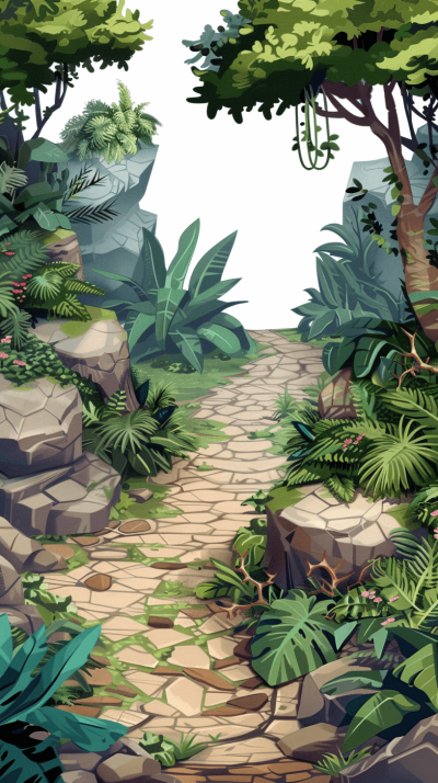 A cartoon illustration of an old stone path in the jungle, surrounded by rocks and tropical plants, in the style of vector art with a white background, high resolution, no shadows, high detail, high quality, digital art, high contrast, sharp lines, smooth edges, flat colors, simple design, simple shapes, vector graphics, no gradient shading, uniform lighting, isometric perspective, low angle view, front view, wide angle lens, natural daylight, warm color tones, soft focus, harmonious composition.