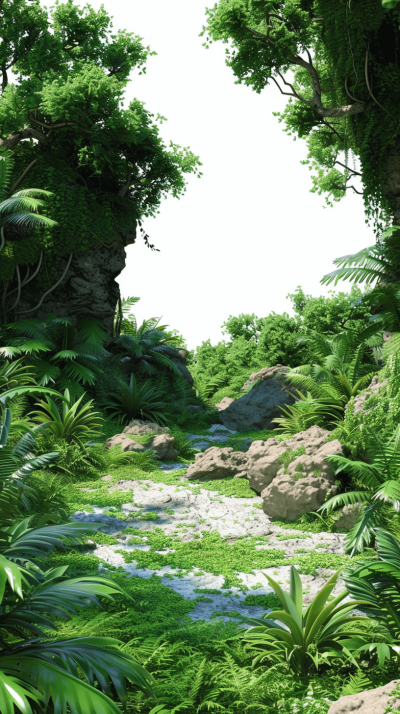 3D render of a jungle landscape with rocks covered in moss, on a white background, shot from a low angle, with high resolution photography, insanely detailed with fine details, isolated against a white background, with a stock photo quality appearance, rendered in a super realistic style.