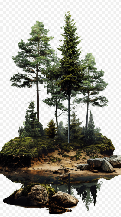 A small island with pine trees, isolated on transparent background, high resolution, realistic, png photo stock