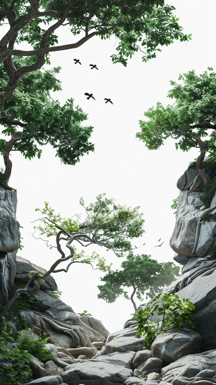 White background, 3D scene design with trees and rocks, green plants on the ground, crows flying in the sky, in the style of Chinese artists, high definition