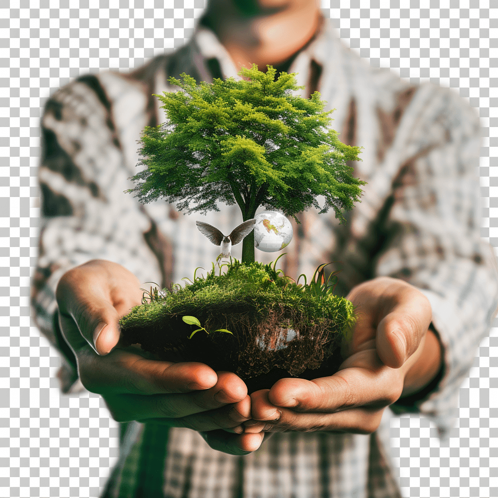 a man holding an earth and tree in his hands isolated on transparent background, png photo cutout for use with photoshop