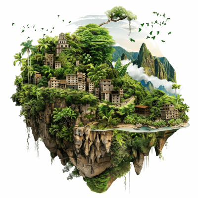 A highly detailed floating island with buildings and lush greenery, representing the Amazon rainforest. The scene includes mountains, rivers, trees, and wildlife like monkeys and birds, all rendered in high resolution. It's set against an isolated white background to highlight its vibrant colors and textures. This is a digital artwork that captures intricate details of plants, animals, architecture, and landscapes within one small space on canvas, creating a stunning visual experience in the style of various artists.