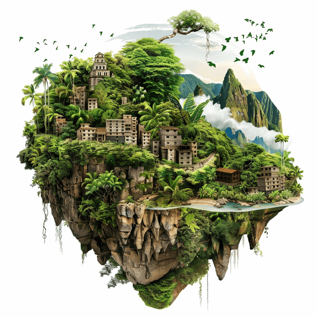 A highly detailed floating island with buildings and lush greenery, representing the Amazon rainforest. The scene includes mountains, rivers, trees, and wildlife like monkeys and birds, all rendered in high resolution. It’s set against an isolated white background to highlight its vibrant colors and textures. This is a digital artwork that captures intricate details of plants, animals, architecture, and landscapes within one small space on canvas, creating a stunning visual experience in the style of various artists.