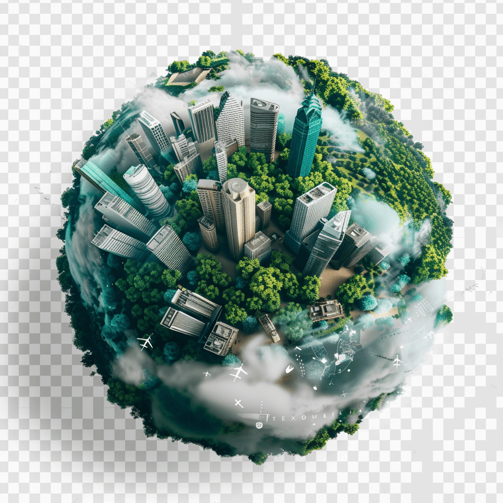 A small planet with green vegetation, city buildings and clouds on transparent background, PNG file.