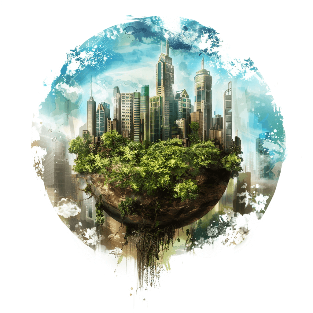 Surreal floating cityscape with skyscrapers and lush greenery, centered on an earthlike planet with watercolor textures and a white background. The digital art is in the style of no artist with high resolution and contains no text or symbols.