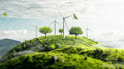 A photorealistic depiction of wind turbines on top of lush green hills, with trees and leaves floating in the air around them. The background is a transparent white color to highlight these elements. This scene symbolizes sustainable energy through renewable gas sources. High resolution.