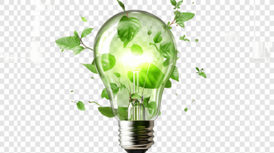 Green energy, light bulb with leaves isolated on transparent background cutout PNG file for design elements, green energy concept, isolated white png background cut out