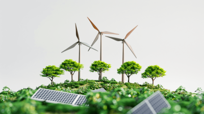 A model of green energy with solar panels and wind turbines on a white background, a small forest in the foreground in the style of a real photo.