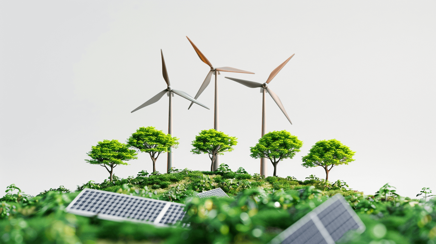 A model of green energy with solar panels and wind turbines on a white background, a small forest in the foreground in the style of a real photo.