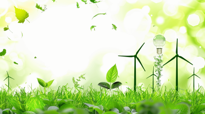 Green background with wind turbines and a light bulb, green grass and leaves. Green energy concept for an eco friendly environment. Using photorealistic techniques and a green color palette of light white and emerald colors, there is a green background with windmills on the right side and a lightbulb in the air against a light gray background with no blur effect.