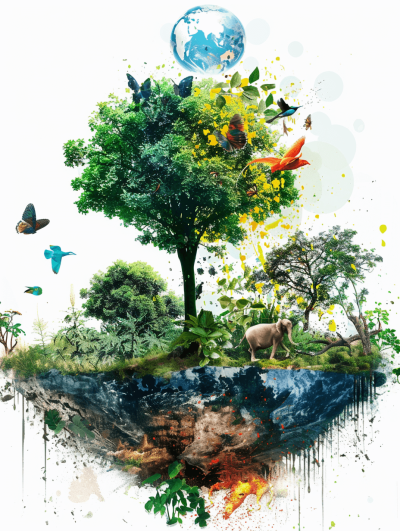 Surreal digital art depicting an earth with trees, animals and butterflies floating in the air, with greenery on top and colorful splashes at the bottom, creating a dreamy atmosphere. The Earth is surrounded by lush vegetation, including birds, deer or elephants. There are also watercolor elements like flowers and leaves around it. White background.