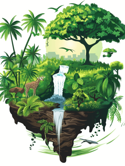 An vector illustration of an island with lush greenery, waterfalls and wildlife like giraffes, elephants and jungle birds in the center on a white background. Use vibrant greens for foliage and earthy browns to capture their natural environment. The overall design should convey harmony between humans and nature, emphasizing hope, growth and environmental awareness.