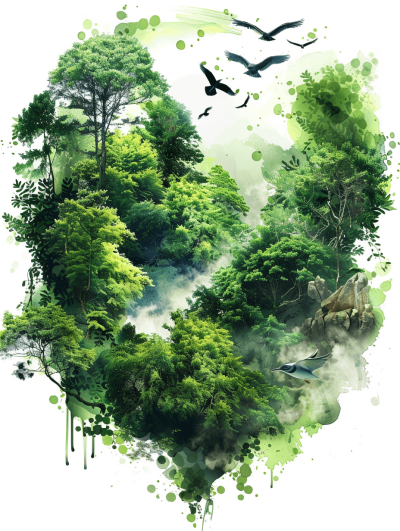 Surreal Forest and River, green forest with birds flying over it, green splash painting effect, white background, vector illustration style, vector art design for tshirt print, white background, no text or letters in the center of the picture, only clipart design, high resolution, high detail, high quality, sharp focus, digital artwork, 3D rendering in the style of realistic photo, high definition, watercolor style, cinematic style, natural light, global illumination style.