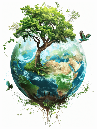 the earth with tree and birds on it, white background, vector illustration, earth day concept, detailed, high resolution, professional photograph, super realistic skin texture, super detailed, high definition photography, high detail, high quality, hyperrealistic, hyperdetailed, hyperrealism, hyperquality, hyperdiploaistic