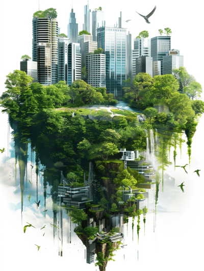 Surrealistic style, floating city with buildings and greenery on a white background, cityscape, futuristic urban architecture, skyscrapers, vertical view of the earth surrounded by trees, floating islands in front of them, water droplets dripping from plants, birds flying above, green color scheme, high resolution, high detail, digital art, vibrant colors, white sky, natural lighting.