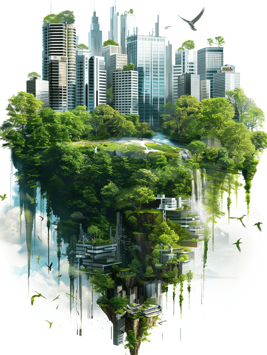 Surrealistic style, floating city with buildings and greenery on a white background, cityscape, futuristic urban architecture, skyscrapers, vertical view of the earth surrounded by trees, floating islands in front of them, water droplets dripping from plants, birds flying above, green color scheme, high resolution, high detail, digital art, vibrant colors, white sky, natural lighting.