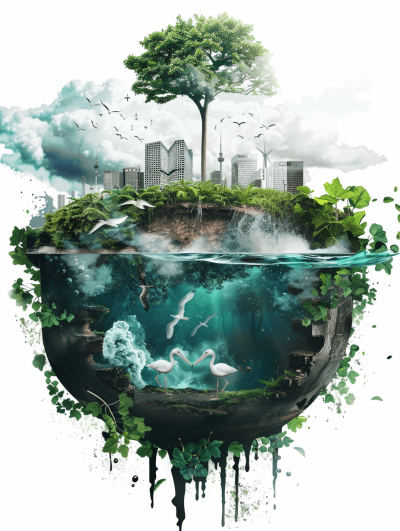 Surreal illustration, very creative composition design of the earth's surface with green vegetation and trees in half above water and below land and flying birds and urban city buildings on white background, surrounded by clouds and mist, green plants, white smoke, light blue and dark black style, surrealistic details, green water, light gray and gold colors, green plant elements, white background, floating feeling, water drops, light green color, white cloud and fog background