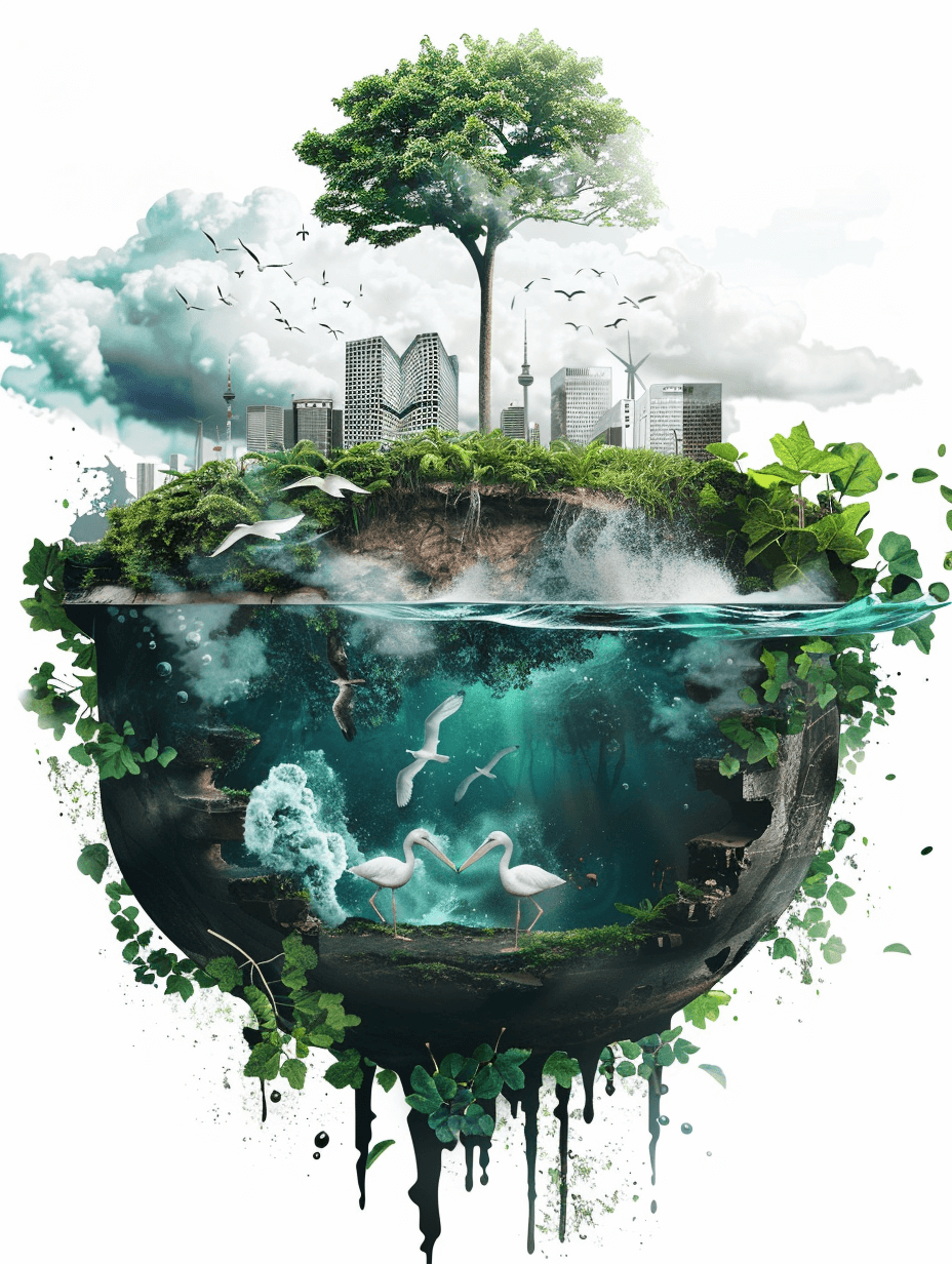 Surreal illustration, very creative composition design of the earth’s surface with green vegetation and trees in half above water and below land and flying birds and urban city buildings on white background, surrounded by clouds and mist, green plants, white smoke, light blue and dark black style, surrealistic details, green water, light gray and gold colors, green plant elements, white background, floating feeling, water drops, light green color, white cloud and fog background