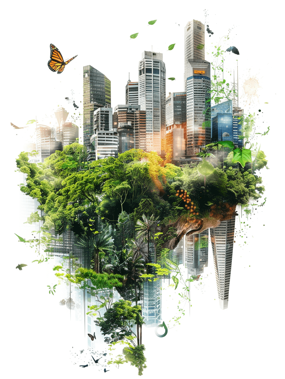 A double exposure illustration of a green jungle and modern city buildings with a butterfly, on a white background, in the style of unknown artist.