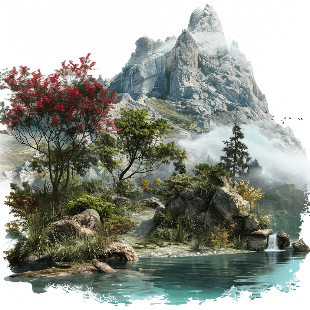 A mountain surrounded by trees and rocks with water at the bottom. There is an island in front, covered with grasses and red flowers on both sides. The white background features realistic photos, game illustrations and illustrations from fantasy games. High definition resolution, high quality and exquisite details. A very large area.