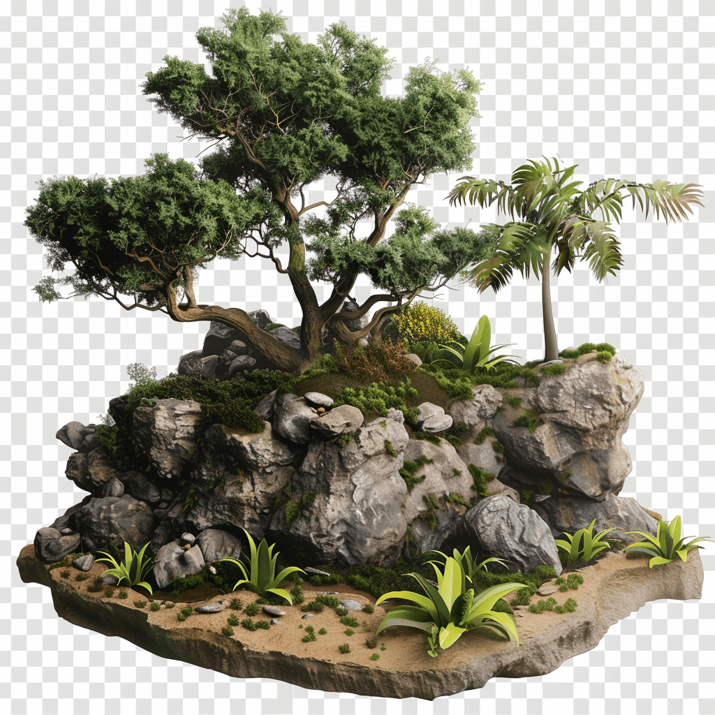 Sishui Bonsai Island, rocks and plants, high definition transparent background PNG file.