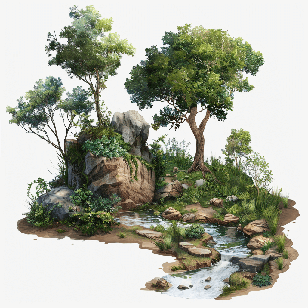 3d isometric view of a forest, trees and rocks, stream flowing in the ground, isolated on white background, game art style, fantasy landscape, lush vegetation, grasses, small stones, rocks, tree with leaves, small stream, fantasy style, concept design, 2D illustration, 45 degree angle, octane render, studio lighting, high resolution, highly detailed, hyper realistic, volumetric, cinematic, unreal engine, artstation, digital painting, concept art, in the style of [Artgerm](https://goo.gl/search?artist%20Artgerm) and in the style of [Alphonse Mucha](https://goo.gl/search?artist%20Alphonse%20Mucha)