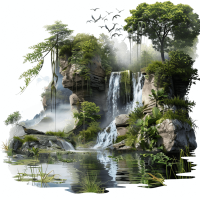 A realistic rendering of the Amazon rainforest with waterfalls and birds flying in the sky, surrounded by rocks and vegetation. The white background is isolated from other elements. There is an ancient well at its center, reflecting the surrounding greenery. This scene captures the beauty of nature and conveys calmness and tranquility. An ultrarealistic photograph captured in the style of high resolution 32k.