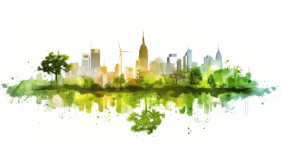 A watercolor skyline of New York City, featuring the Empire State Building and other iconic buildings, with green trees in front and wind turbines on top. The city is reflected in the calm waters below, surrounded by lush nature. This clipart will be an eyecatching element for ecofriendly or sustainable designs on a white background. The vector illustration depicts the skyline in the style of watercolor paintings.