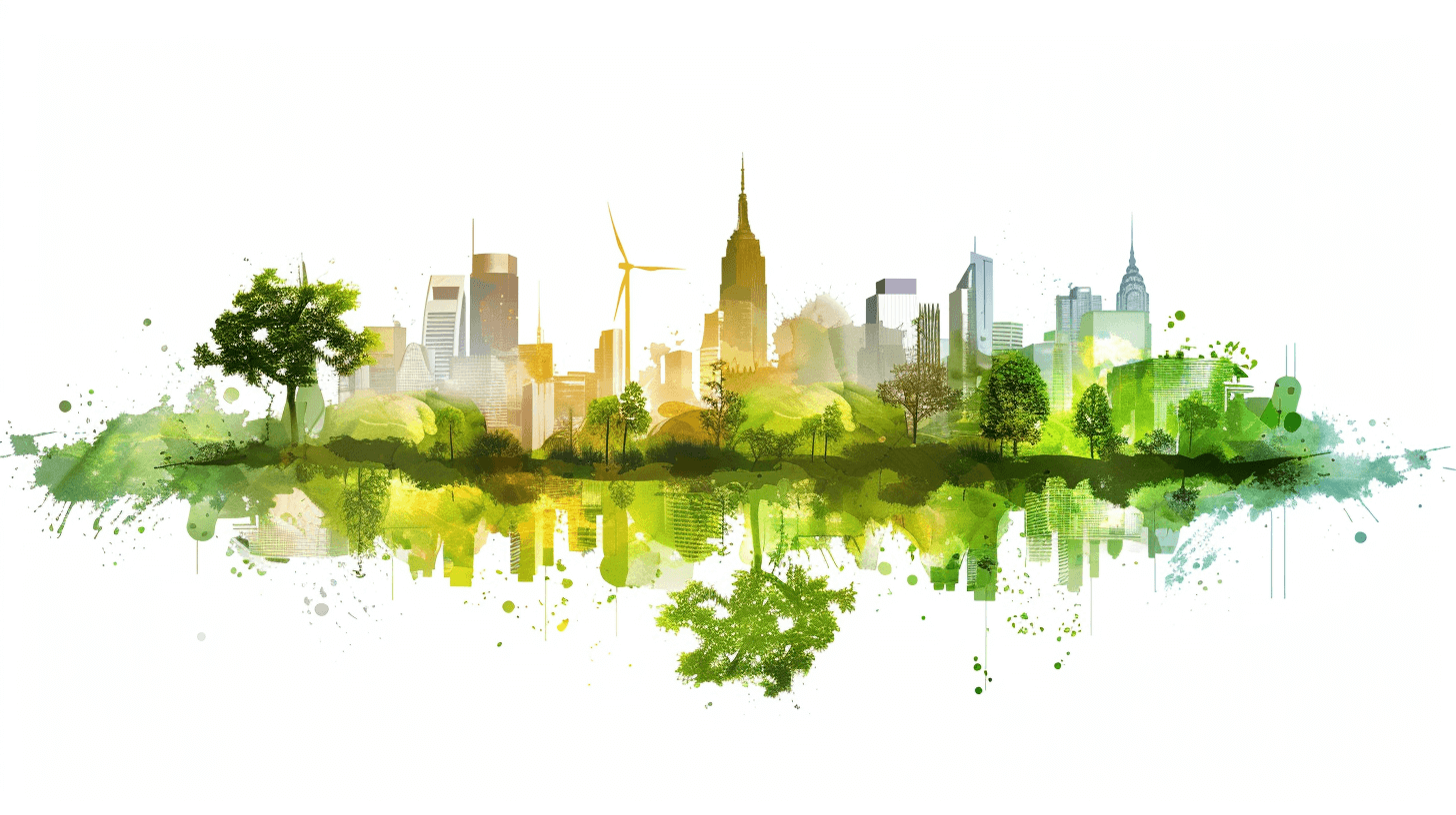 A watercolor skyline of New York City, featuring the Empire State Building and other iconic buildings, with green trees in front and wind turbines on top. The city is reflected in the calm waters below, surrounded by lush nature. This clipart will be an eyecatching element for ecofriendly or sustainable designs on a white background. The vector illustration depicts the skyline in the style of watercolor paintings.