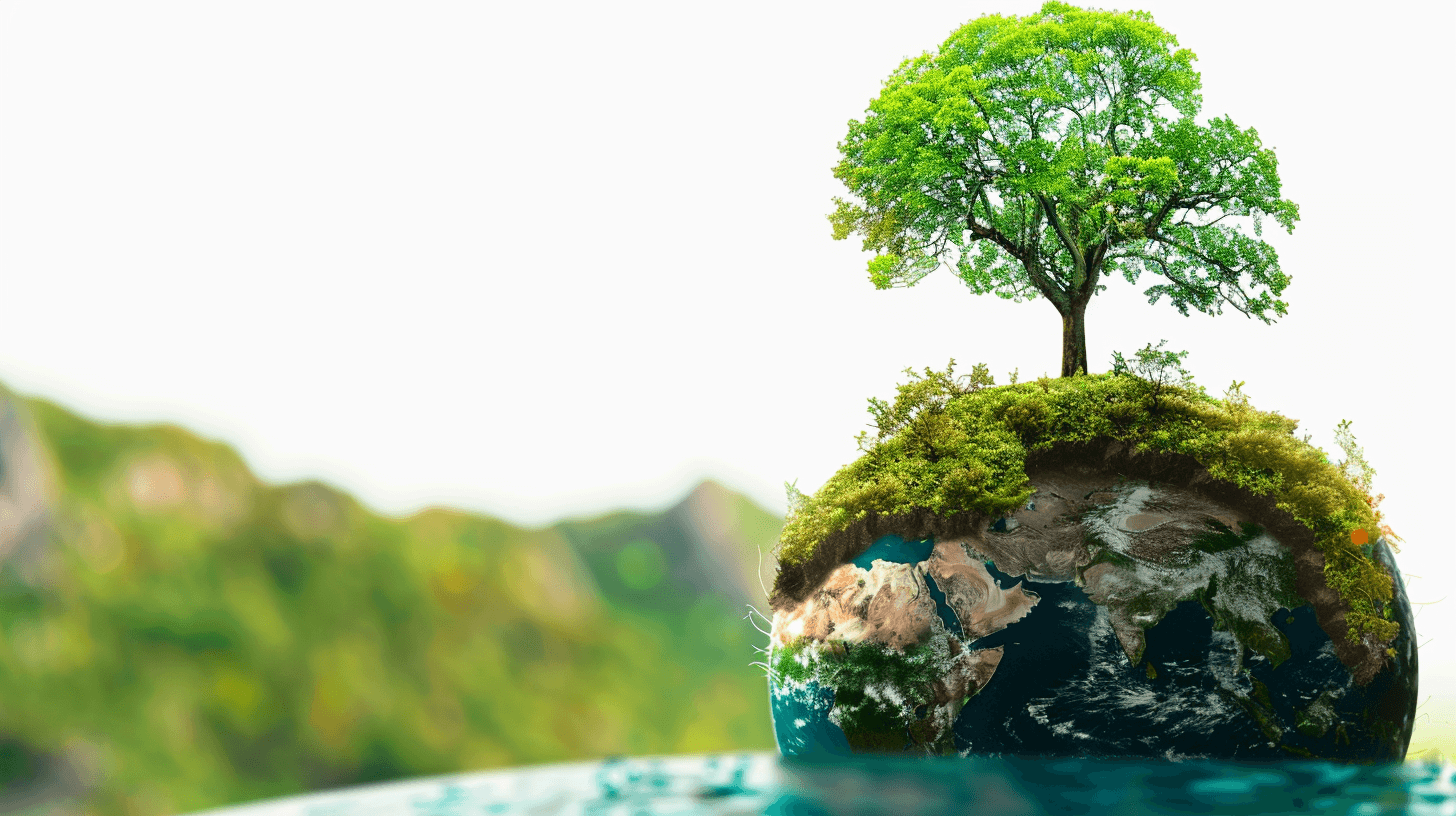 A small planet earth with green trees on top, moss and water in a blurred background, depicting the concept of world environment day, global warming and climate change. Isolated on a white background, in the style of high resolution photography.