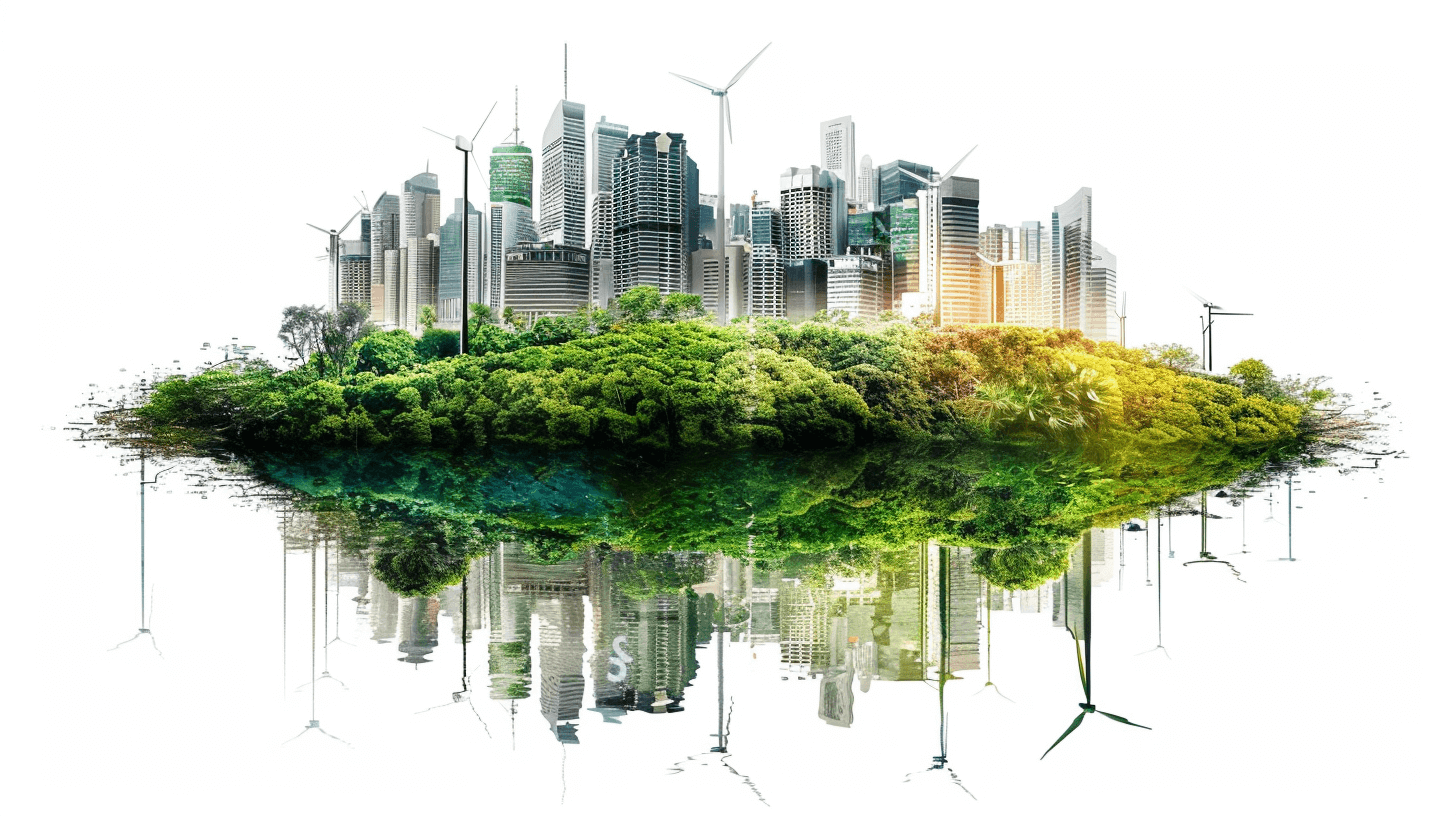 White background, illustration style, a green island in the center of an urban city with modern buildings and wind turbines. A green forest sits on top of the islands. In front is water that reflects all elements. A clean environment concept. High resolution photography in the style of modern artists.