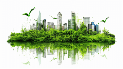 A green cityscape with skyscrapers and lush vegetation, symbolizing environmentalism or sustainability, isolated on a white background. The photo realistic image is in the style of environmental art.